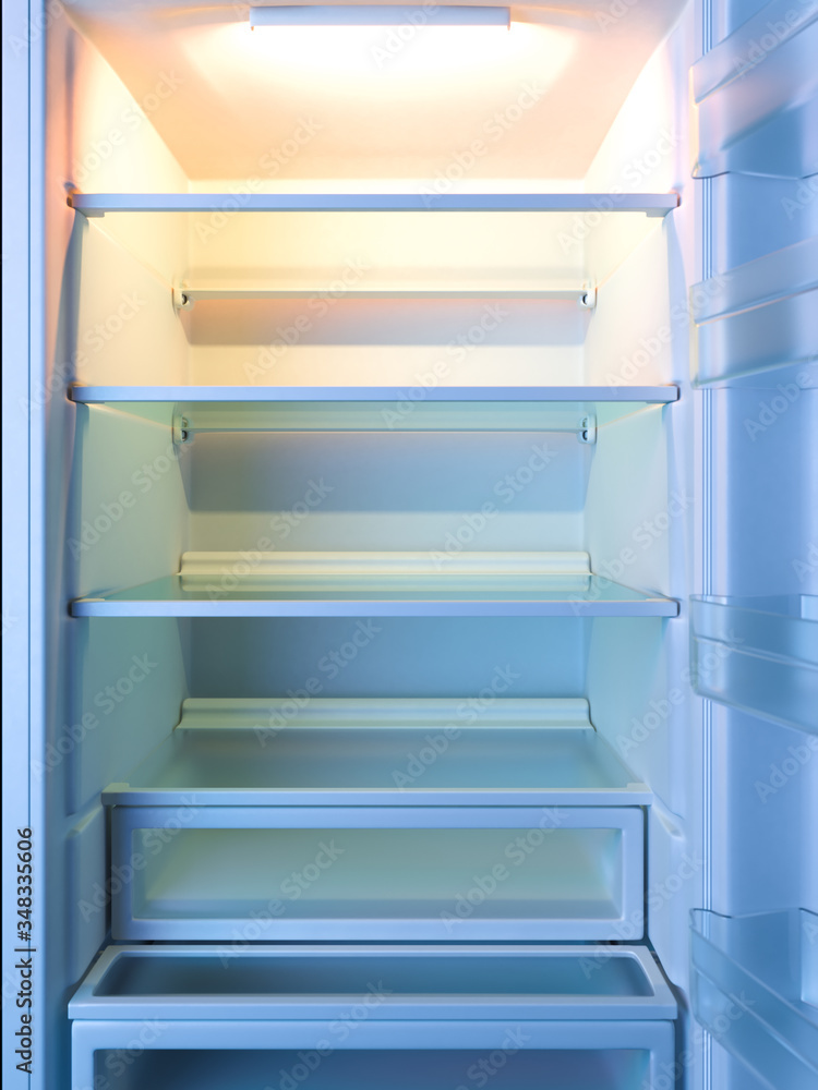 Empty Shelves of Refrigerator or Fridge. Showcase. Diet Keeping. 3d Rendering. Empty Shelves of Refrigerator or Fridge. Showcase. Diet Keeping. 3d Rendering.
