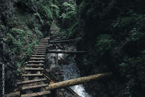 Prelom Hornadu gorge with wooden ladder above swirling waters. Slovakia Paradise National Park