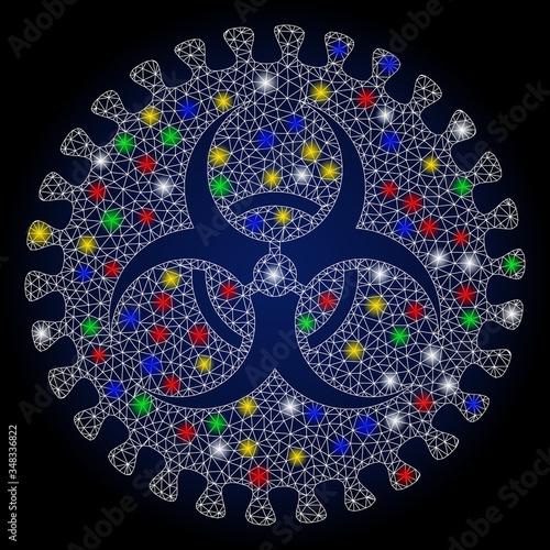 Flare mesh virus hazard with glitter effect. Abstract illuminated vector model of virus hazard icon on a dark blue gradiented background. White wire frame polygonal mesh virus hazard.