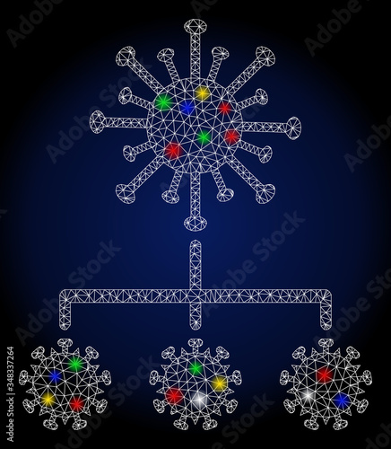 Glowing mesh virus replication with glitter effect. Abstract illuminated vector model of virus replication icon on a dark blue gradiented background.