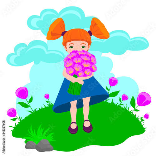 A red-haired little girl with a bouquet of flowers.