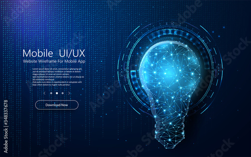 Falling random numbers. Light bulb from lines and triangles, point connecting network on blue background. Lamp bulb on technology background Vector illustration