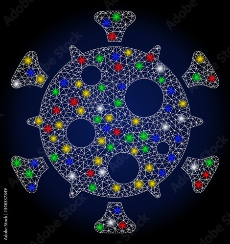 Bright mesh virus with lightspot effect. Abstract illuminated vector model of virus icon on a dark blue gradiented background. White wire carcass polygonal mesh virus.