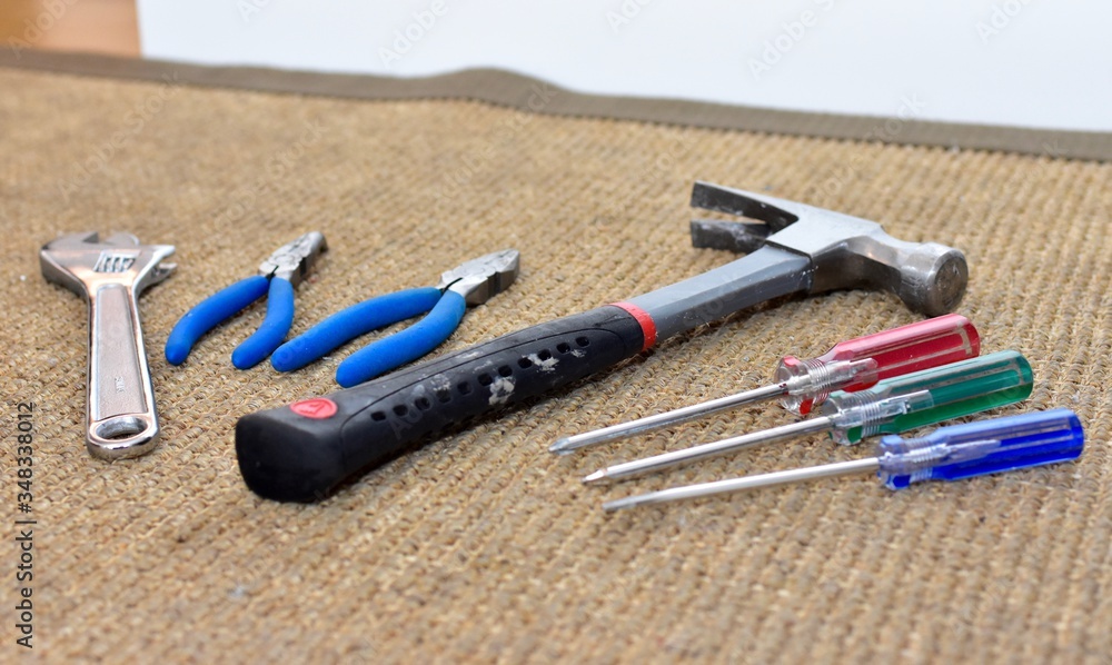 Construction tools in equipment supply kit for home repairs and building projects Construction tools in equipment supply kit for home repairs and building projects