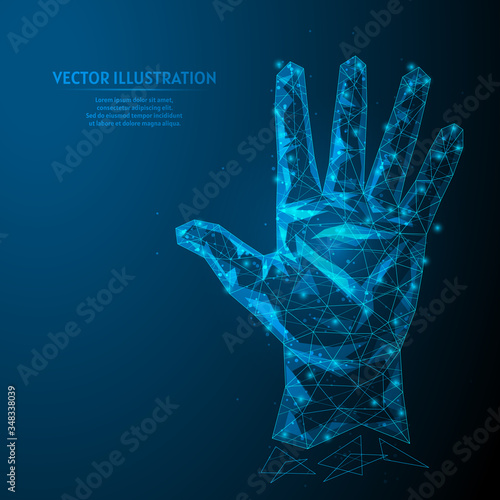 Man's hand shows five fingers close-up. Palm and fingers. Business concept. Innovative technology. 3d low poly wireframe model vector illustration.