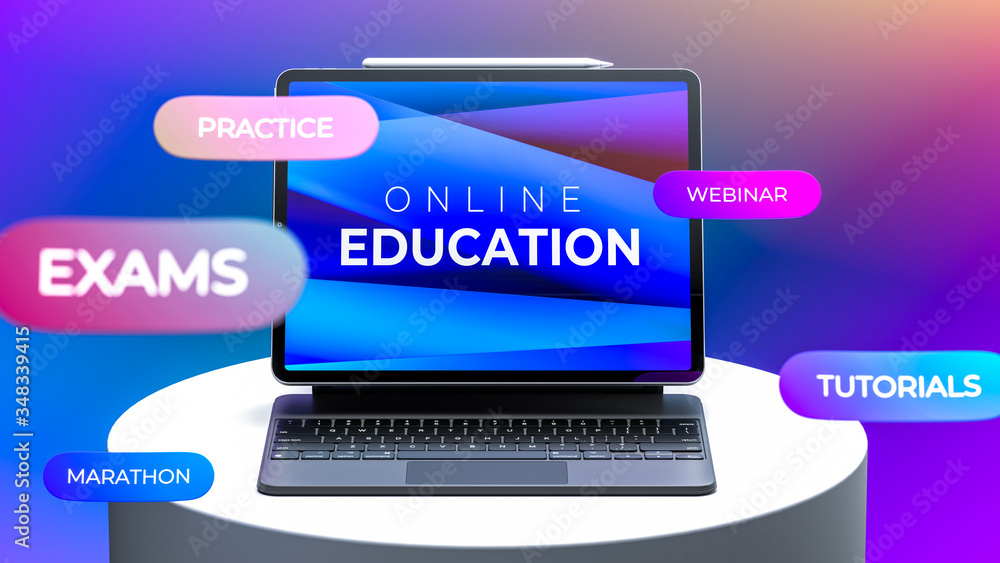 Laptop With App For Online Education on Showcase. Inscriptions Education, Exams, Webinar, Tutorials, Practice, Marathon. 3d Rendering Laptop With App For Online Education on Showcase. Inscriptions Education, Exams, Webinar, Tutorials, Practice, Marathon. 3d Rendering