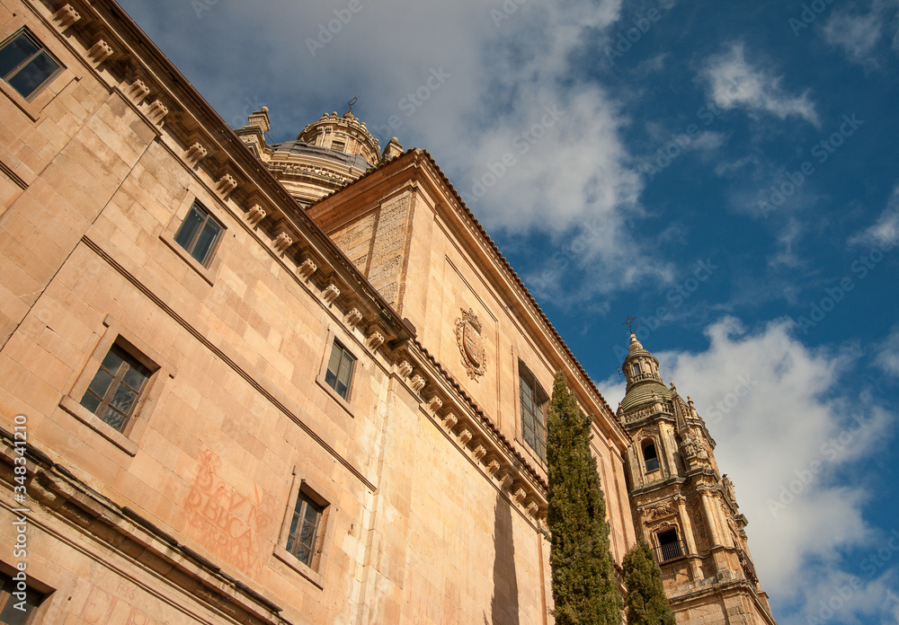 Salamanca Cathedral façade, sunny da in Salamanca, sun is falling