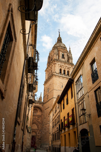 The imposing tower of the Old Cathedral in Salamanca (Spain) and a phew houses in a sunny day