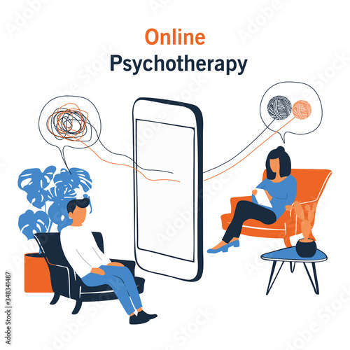 Online psychotherapy concept. Psychologist doctor helps patient to unravel tangled thoughts. Psychological problems, mental disorder. Online help