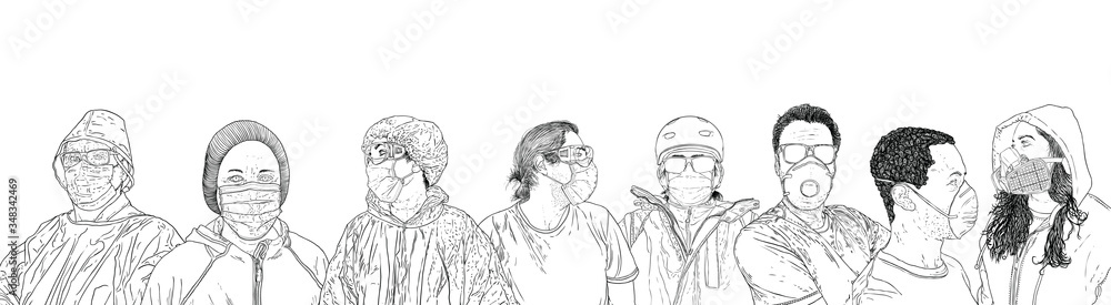 Fototapeta premium Novel coronavirus COVID-19 new normal social concept, people in protective and medical face masks. Prevention and quarantine from infections, flu contaminated air pollution. Vector.