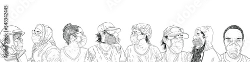 Group of people wearing protective and medical masks to prevent coronavirus COVID-19 disease. New Normal concept illustration. Men and women crowd in face masks for infection prevention. Vector.