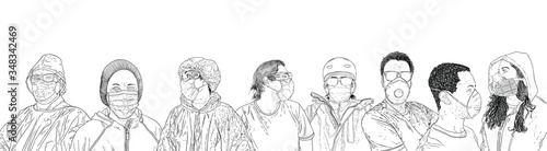 Novel coronavirus COVID-19 new normal social concept, people in protective and medical face masks. Prevention and quarantine from infections, flu contaminated air pollution. Vector.
