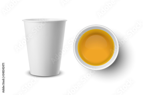 Vector 3d Realistic White Paper or Plastic Disposable Tea Cup with Green Tea Closeup Isolated on White Background. Design Template, Clipart. Front and Top View