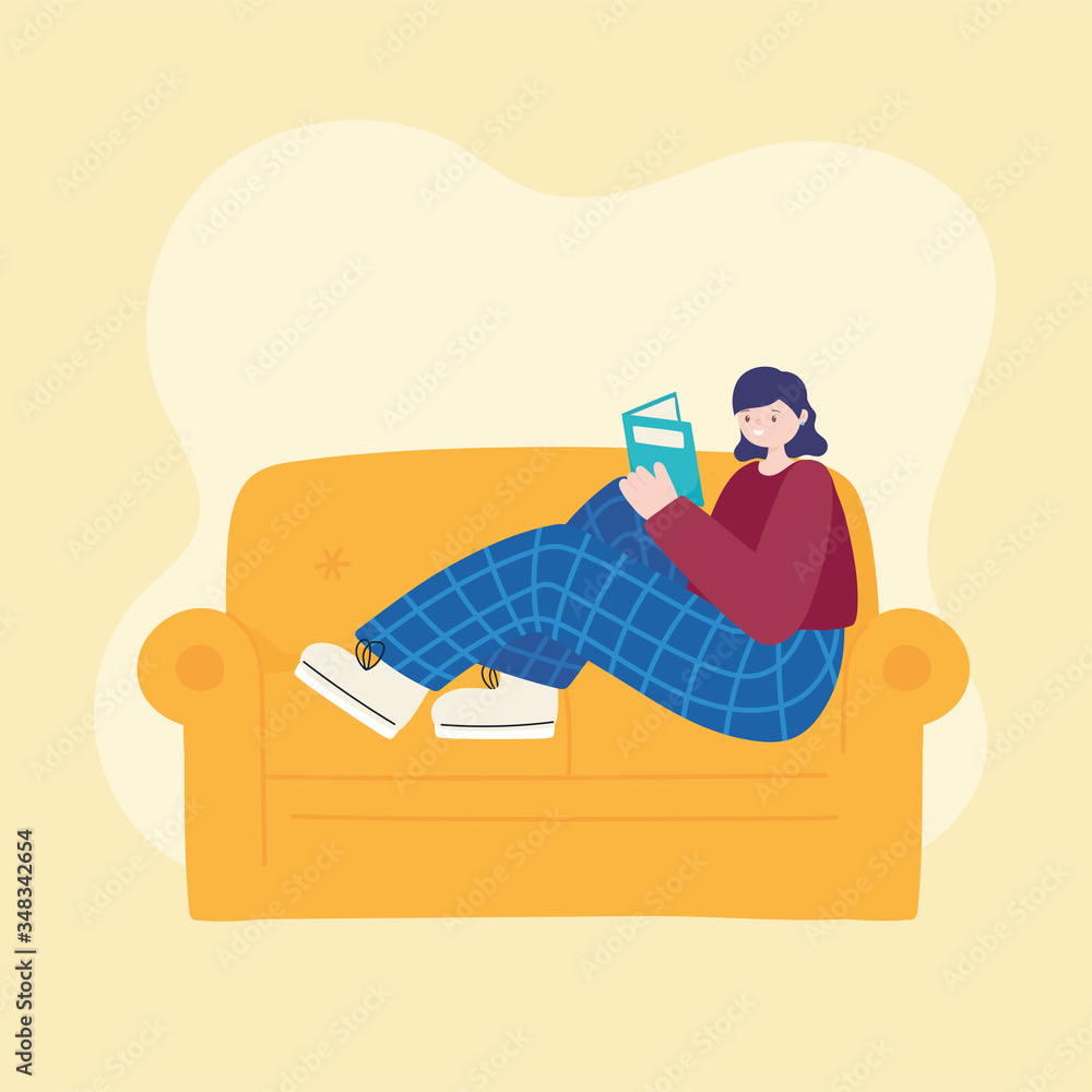 Obraz premium people activities, young woman sitting on sofa reading book