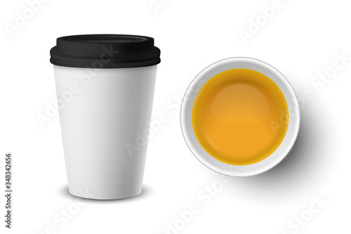 Vector 3d Realistic White Paper or Plastic Disposable Tea Cup with Green Tea Closeup Isolated on White Background. Design Template, Clipart. Front and Top View