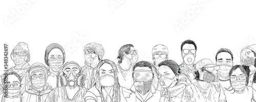 Group of people wearing protective and medical masks to prevent coronavirus COVID-19 disease. New Normal concept illustration. Men and women crowd in face masks for infection prevention. Vector.