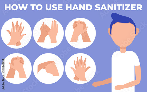 Disinfect hands with alcohol gel. How to use hand sanitizer, personal hygiene, infographic procedure to wash alcohol gel. Clean disease prevention covid-19.