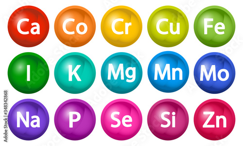 Mineral supplement set. 3d bubbles multivitamin complex. Essential vitamin icons. Calcium Magnesium Zinc Iron Iodine Manganese Cobalt Copper Potassium Molybdenite Chromium Silicon Selenium. Vector
