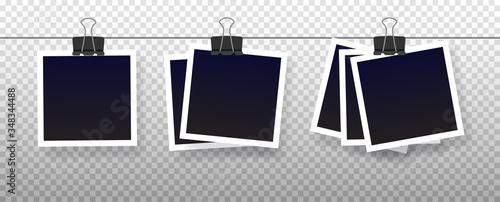 Blank instant photo frame set hanging on a clip. Black empty vintage photo frames templates. Vector illustration isolated on transparent background.