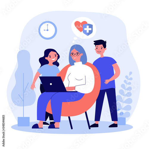 Grandma and children reading data on cardiology. Woman sitting in armchair, using computer flat vector illustration. Technology and health concept for banner, website design or landing web page