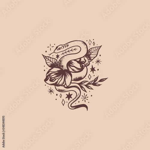 Snake and flowers oldschool tattoo. Boho vector illustration.
