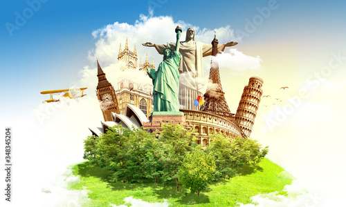 Travel the world concept, different monuments on a globe