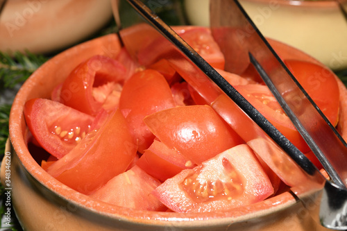 Caprese salad. Mozzarella and cherry tomatoes. Food selection during Sunday brunch buffet in hotel. photo