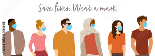  "Save Lives" COVID-19 concept - group of people wearing protective face masks to stop spread of coronavirus Flat style vector illustration