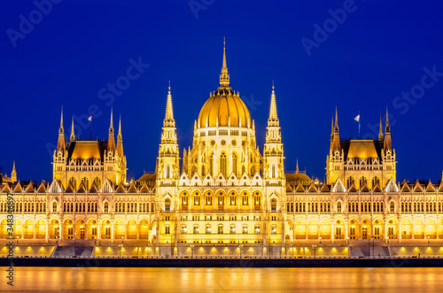 Night view of the illuminated building of the hungarian parliament in Budapest
