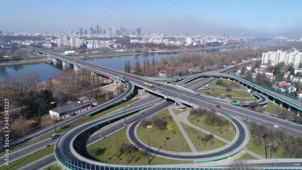 Warsaw, Poland. Drone shot of busy streets in Warsaw. Road junction and road viaducts Warsaw, Poland. Drone shot of busy streets in Warsaw. Road junction and road viaducts