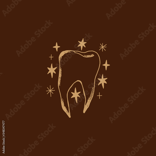 Magical tooth. Vintage gypsy and hippie style. Line engraving apparel.