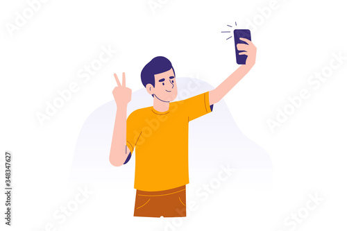 Young man using smartphone to communicate. Happy teen boy taking selfie with phone concept. Using portable device or gadget. Male cartoon character. Isolated modern vector illustration
