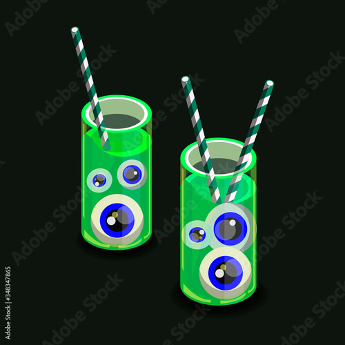 bright green alcoholic cocktail for Halloween. vector image. drink decorated as a witch's potion. gin, tonic, Mojito, special recipe. eyeballs in a neon green liquid. striped paper straws.
