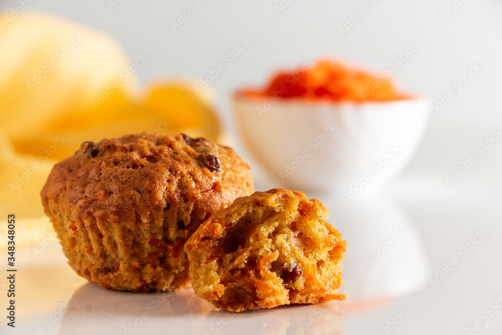 Pumpkin muffins on a white background. Trendy food, vegetable baking. Homemade cakes for a healthy diet. Pumpkin muffins on a white background. Trendy food, vegetable baking. Homemade cakes for a healthy diet.