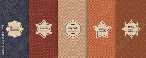 Vector set of traditional Ðµthnic seamless pattern. Retro vintage geometric ornament swatches with modern minimal labels. Nordic winter Christmas patterns. Abstract background textures collection