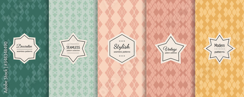 Retro seamless patterns collection. Vector geometric backgrounds with modern labels. Set of abstract vintage ornaments. Simple old style textures in pastel colors, mint green, teal, soft pink, yellow