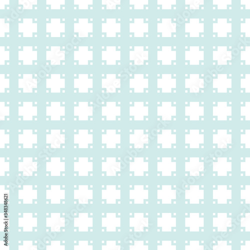 Vector geometric seamless pattern with small squares, grid, net, lattice, floral shapes, tiles. Subtle abstract minimal texture. Elegant light blue ornament, Simple background. Repeat design for decor
