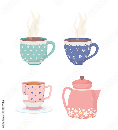 coffee time and tea, decorative cups and tea pot icons