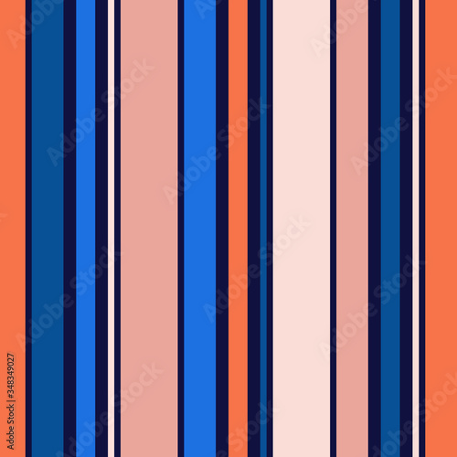 Vertical stripes seamless pattern. Simple vector texture with thin and thick lines. Abstract geometric striped background in trendy bright colors, orange, blue, pink, peach. Stylish repeat design