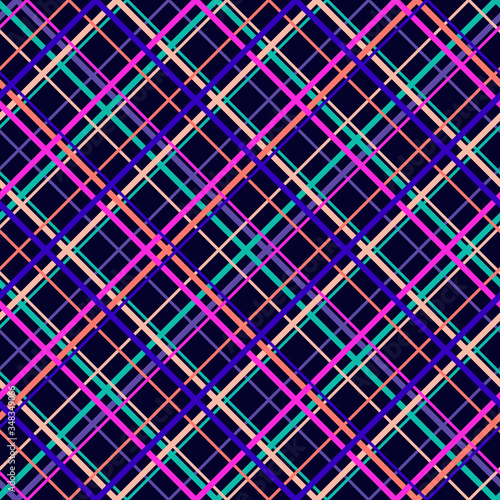 Vector seamless pattern with diagonal cross lines, stripes, square grid, lattice. Simple tartan plaid texture. Abstract colorful background. Bright colorful strips on black background. Repeat design