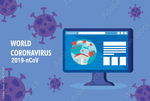 planet earth with covid19 particles in desktop vector illustration design