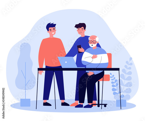 Two young and one senior men watching movie. Guys explaining to granddad how to use laptop flat vector illustration. Technology and entertainment concept for banner, website design or landing web page