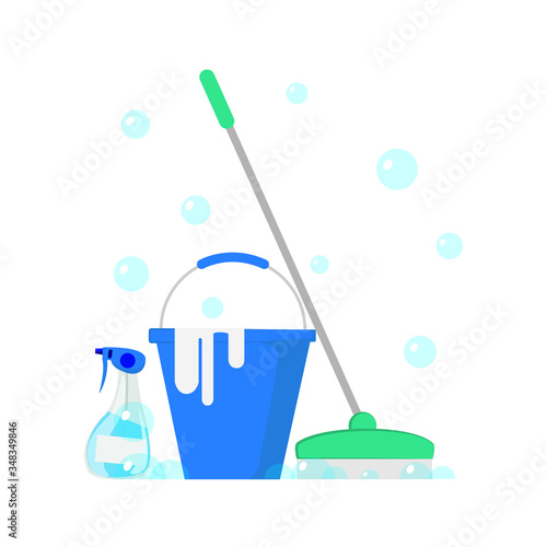 Household cleaning tools and products in a banner for service flat vector illustration.