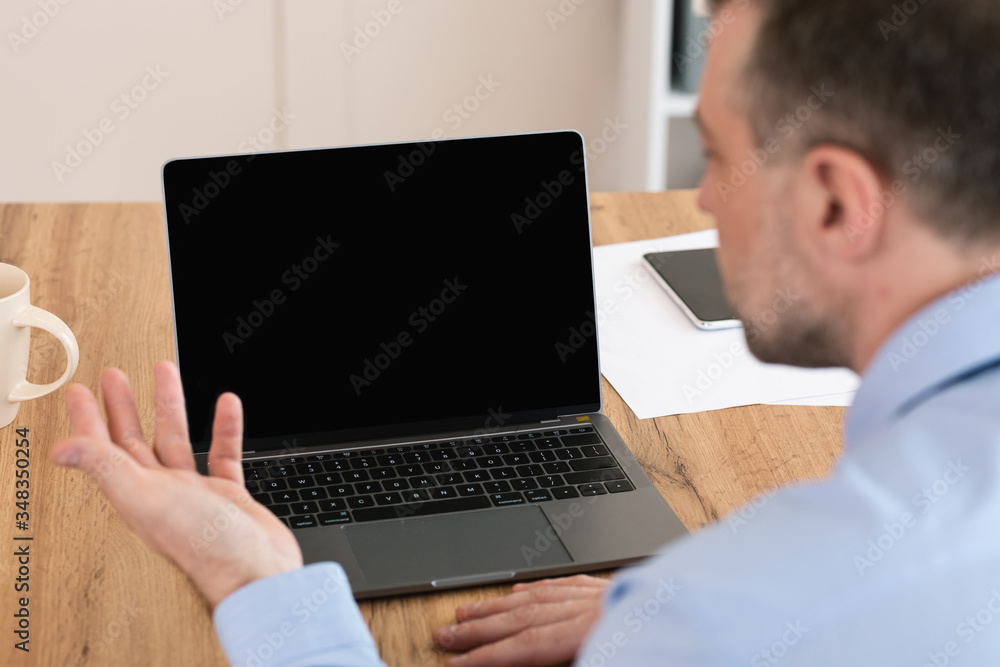 Businessman Making Video Call At Laptop Sitting In Office, Mockup Businessman Making Video Call At Laptop Sitting In Office, Mockup