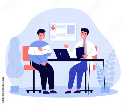 Young man suffering with heart disease. Cardiologist consulting patient in pain flat vector illustration. Healthcare and medicine concept for banner, website design or landing web page