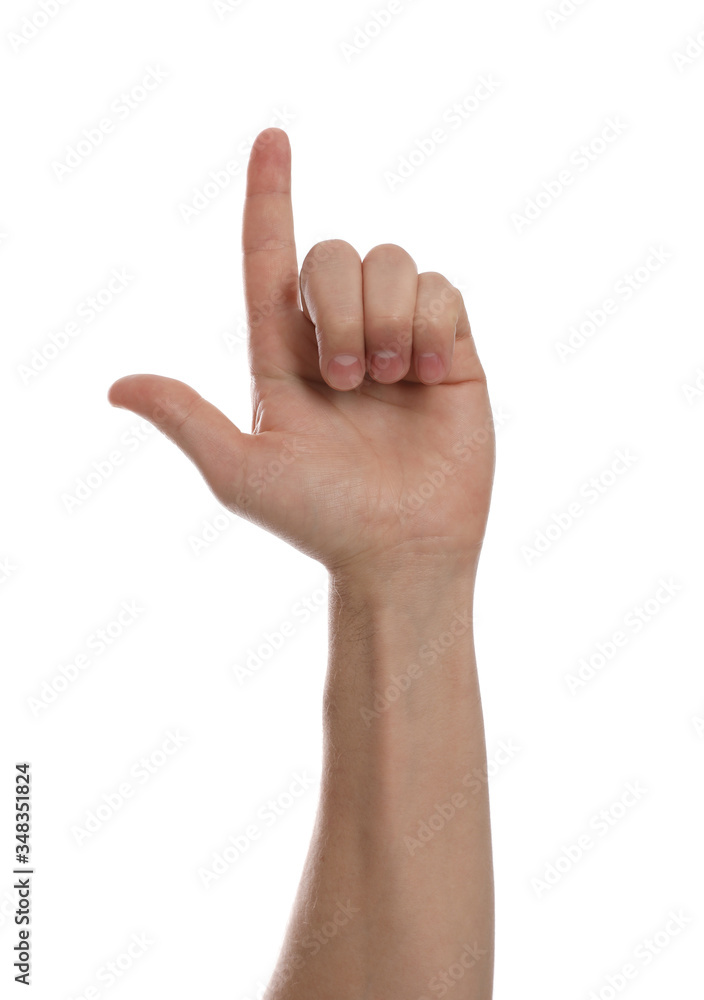 Man pointing at something against white background, closeup of hand Man pointing at something against white background, closeup of hand