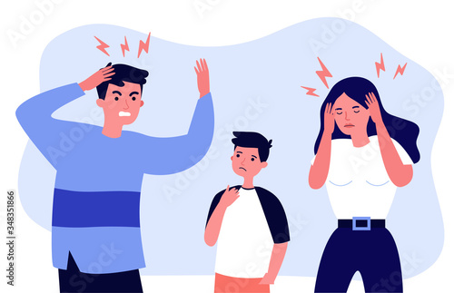 Man and woman tired of migraine. Cartoon people suffering from headache flat vector illustration. Depression and headache concept for banner, website design or landing web page