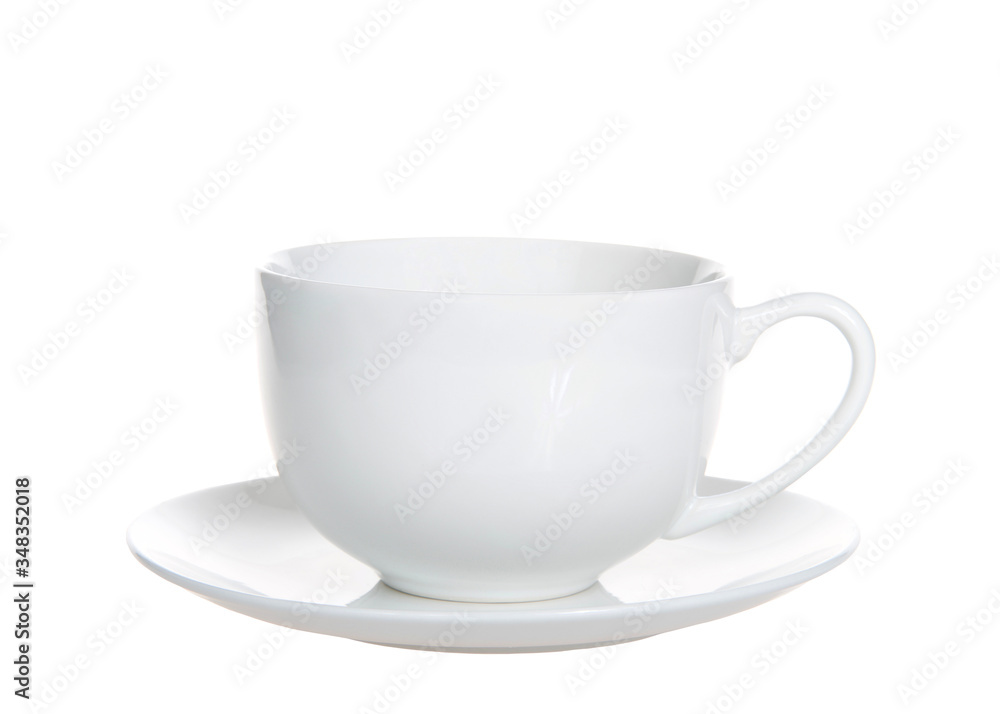 One empty off white porcelain tea coffee cup on a saucer plate isolated on white. One empty off white porcelain tea coffee cup on a saucer plate isolated on white.