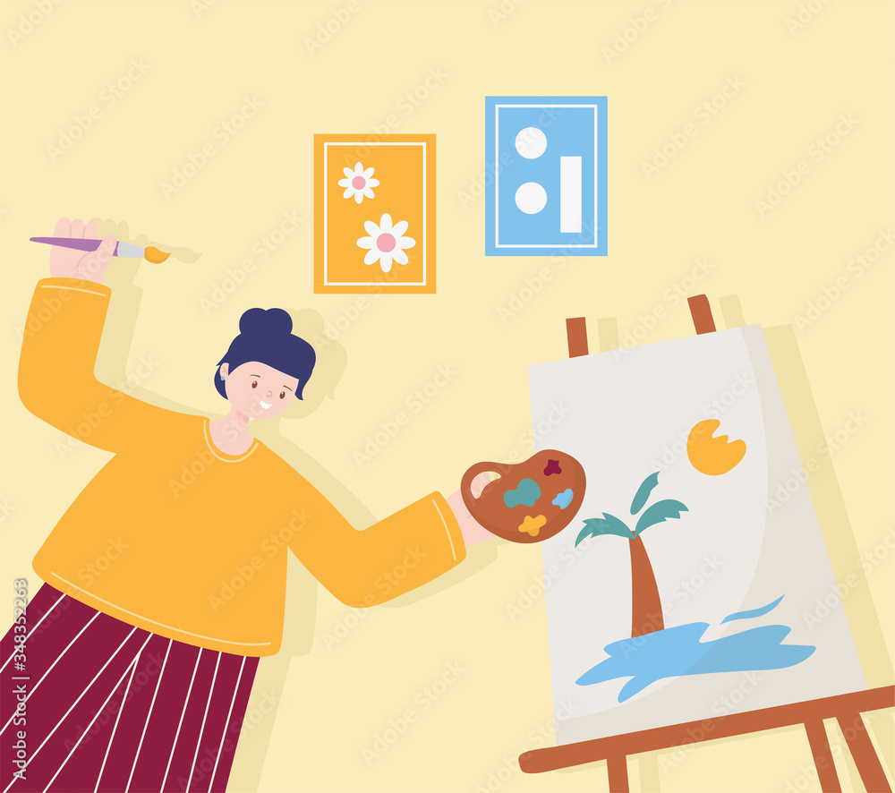 people activities, woman artist drawing on canvas holding palette color people activities, woman artist drawing on canvas holding palette color