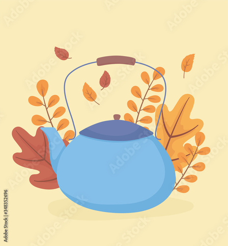 coffee time and tea, blue teapot with leaves background